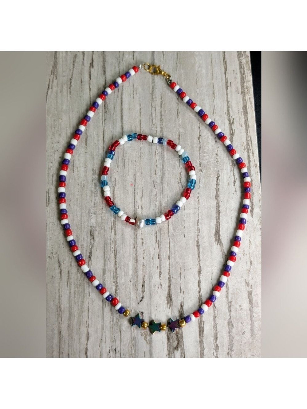 Beaded Necklace and Bracelet Set - Red, Blue, White